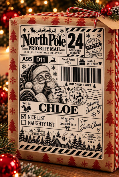 North Pole Priority Mail – Personalised Christmas Label | PACK OF : 10,20,30,40