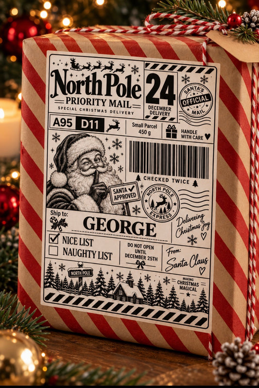 North Pole Priority Mail – Personalised Christmas Label | PACK OF : 10,20,30,40
